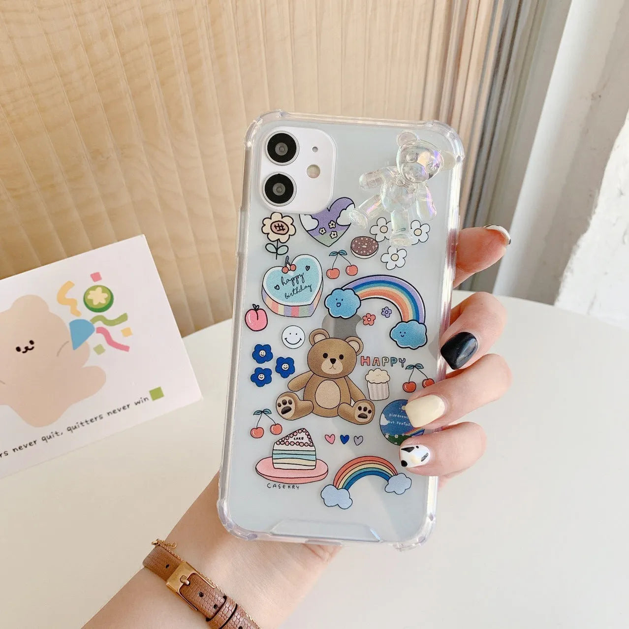 Bear chain iPhone case with pendant attachment point and Japanese Korean cartoon design on TPU material