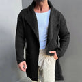 Long sleeve slim fit mid-length knitted cardigan in acrylic fibre, shown in black, dark blue, army green and grey, sizes S to XXL.