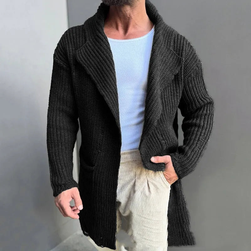 Long sleeve slim fit mid-length knitted cardigan in acrylic fibre, shown in black, dark blue, army green and grey, sizes S to XXL.