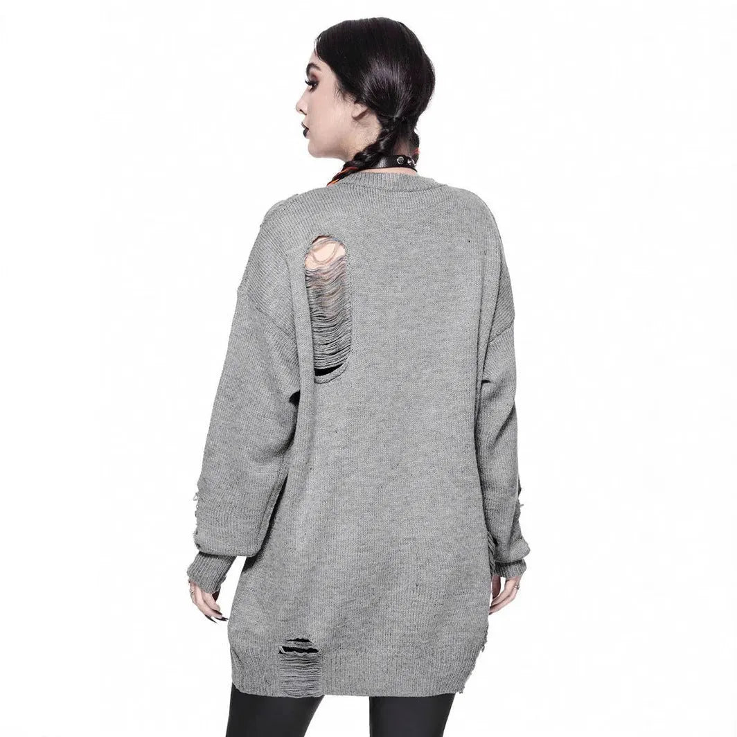 Women's grey viscose knit pullover jumper with long sleeves, loose fit, and character pattern