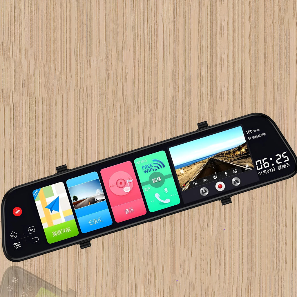 12-inch rearview mirror tachograph with dual camera lenses and large touch screen display for car