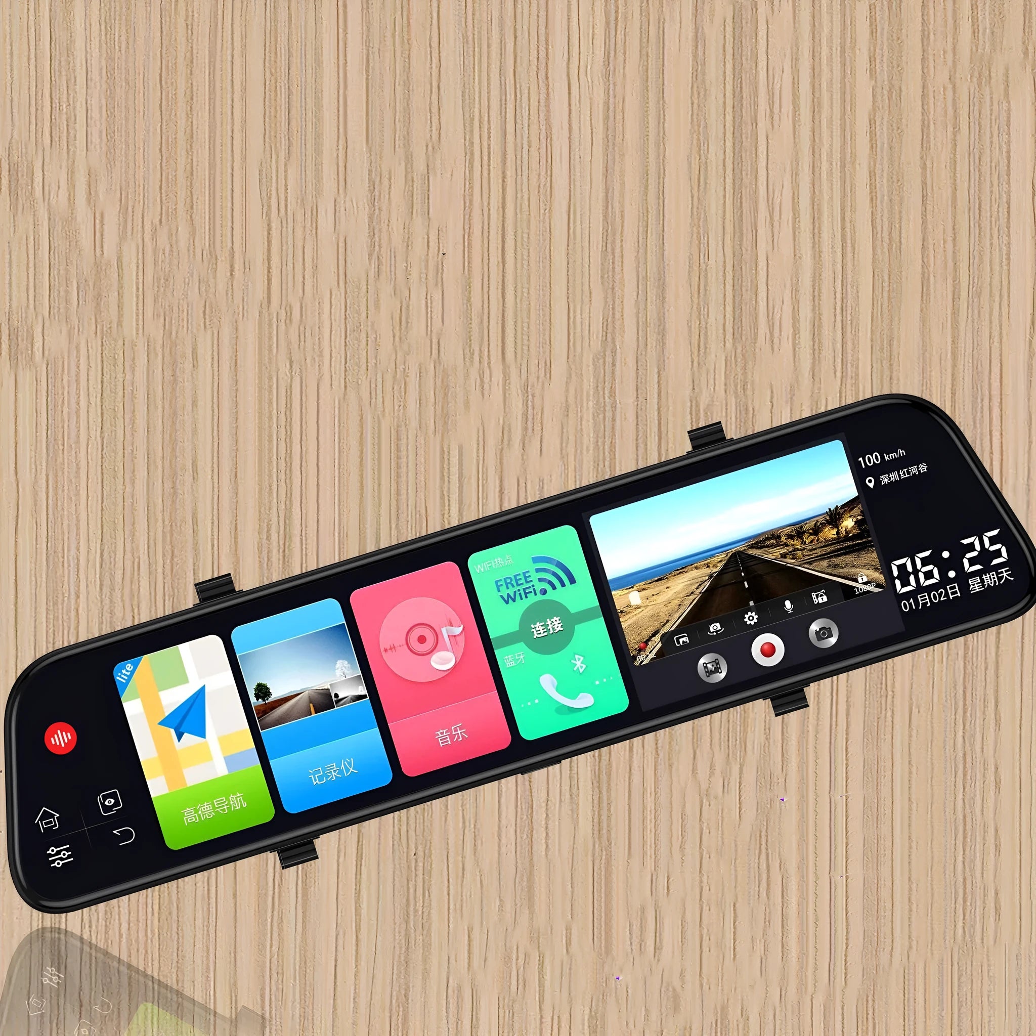 12-inch rearview mirror tachograph with dual camera lenses and large touch screen display for car