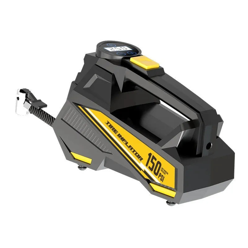 Black 12V portable digital tyre inflator with LED light and display, shown with air hose and power cable.