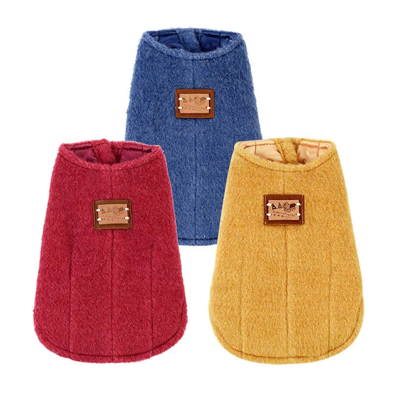Small dog wearing cotton Korean cashmere vest in blue colour, showing front and side views of the autumn winter coat.
