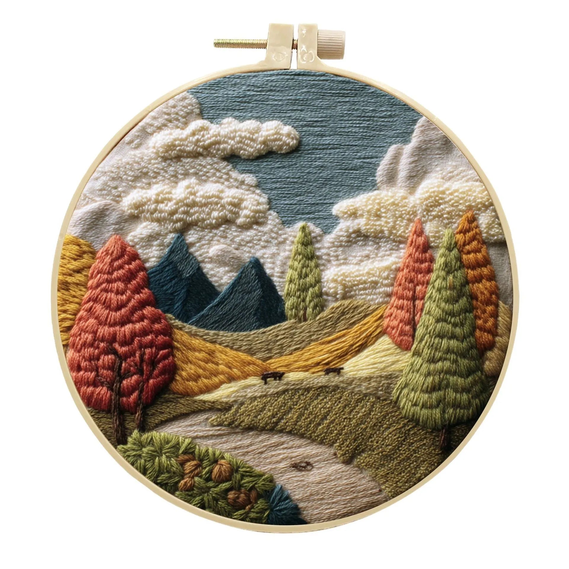 Embroidery DIY kit with 15cm bamboo frame, cotton linen fabric, and landscape design for handmade cloth art