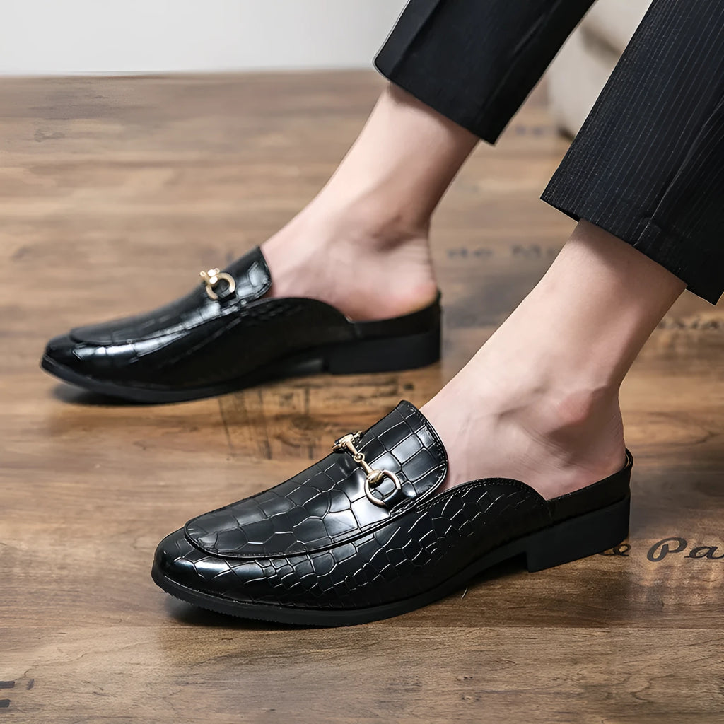 Men's lazy semi slipper shoes made of artificial PU upper in black, brown, and wine red colour options, sizes 38-48