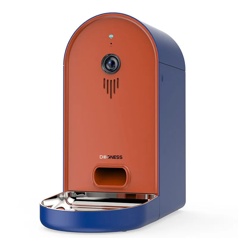 Automatic pet feeder with remote monitoring in Barbie pink and ivory white colours