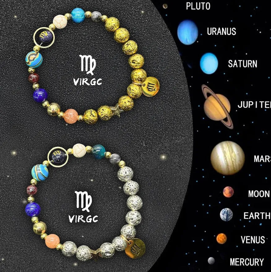 Two natural stone beaded bracelets for zodiac signs laid side by side.