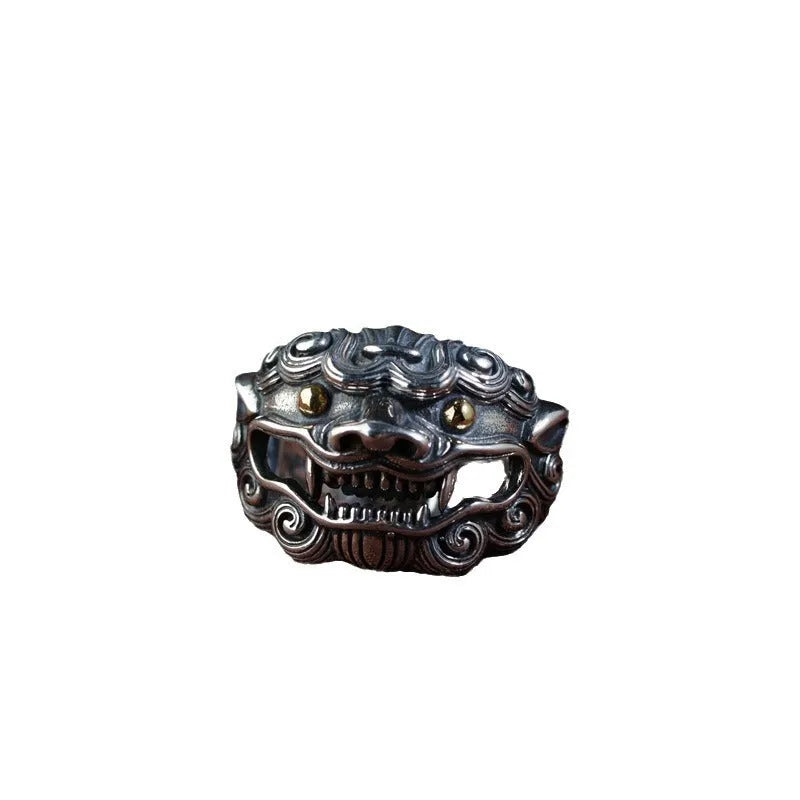 Silver open ring with adjustable design featuring detailed jibeast animal zodiac pattern modelling