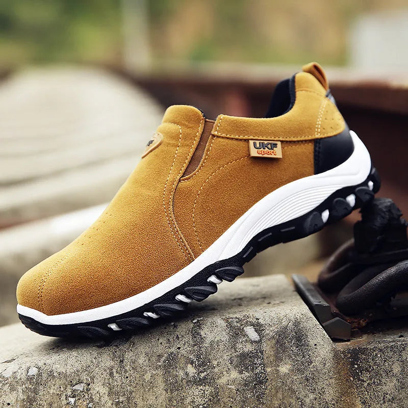 Men's non-slip hiking shoes with artificial PU upper and thick plastic sole on outdoor trail