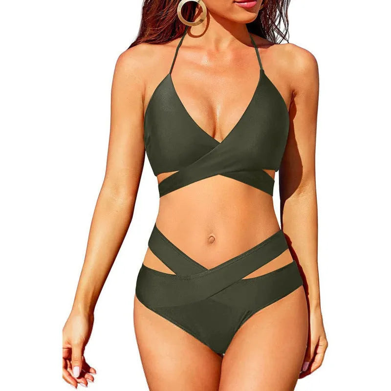 Women's high waist split bikini set in polyester with 30 colour options and sizes S to 2XL
