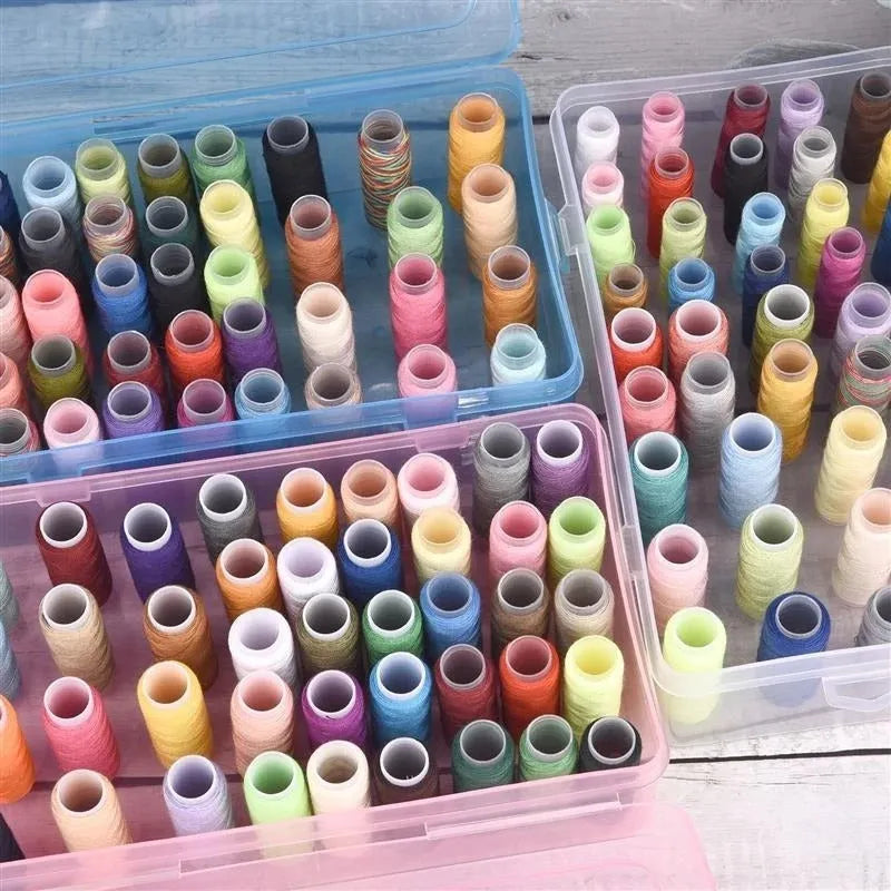 Transparent plastic storage box with 42 compartments for embroidery threads and sewing kit organisation