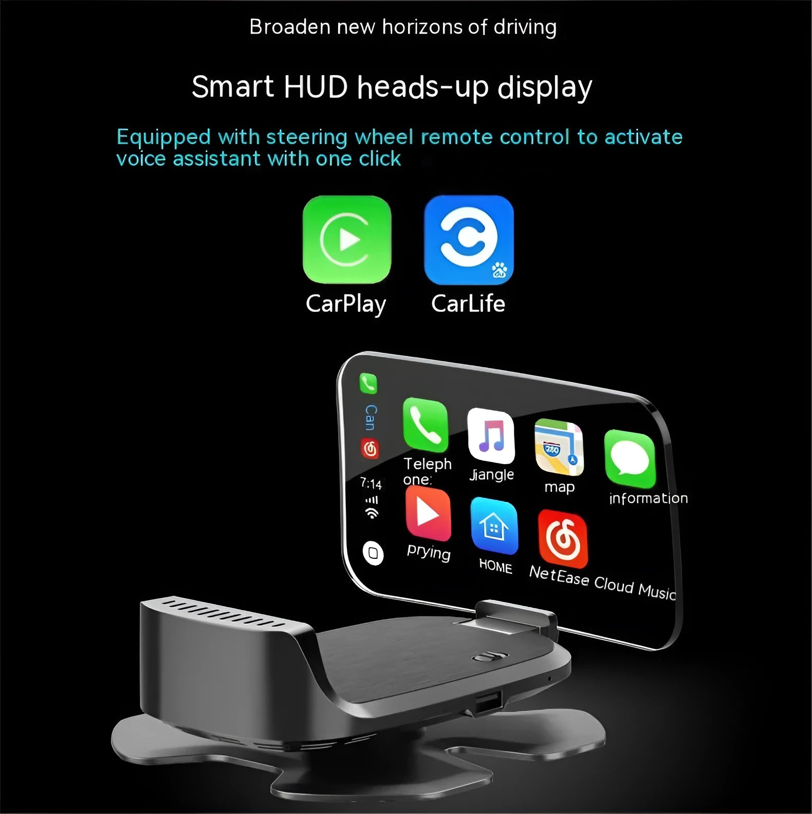 Black HUD head-up display unit for car with OBD connection cable