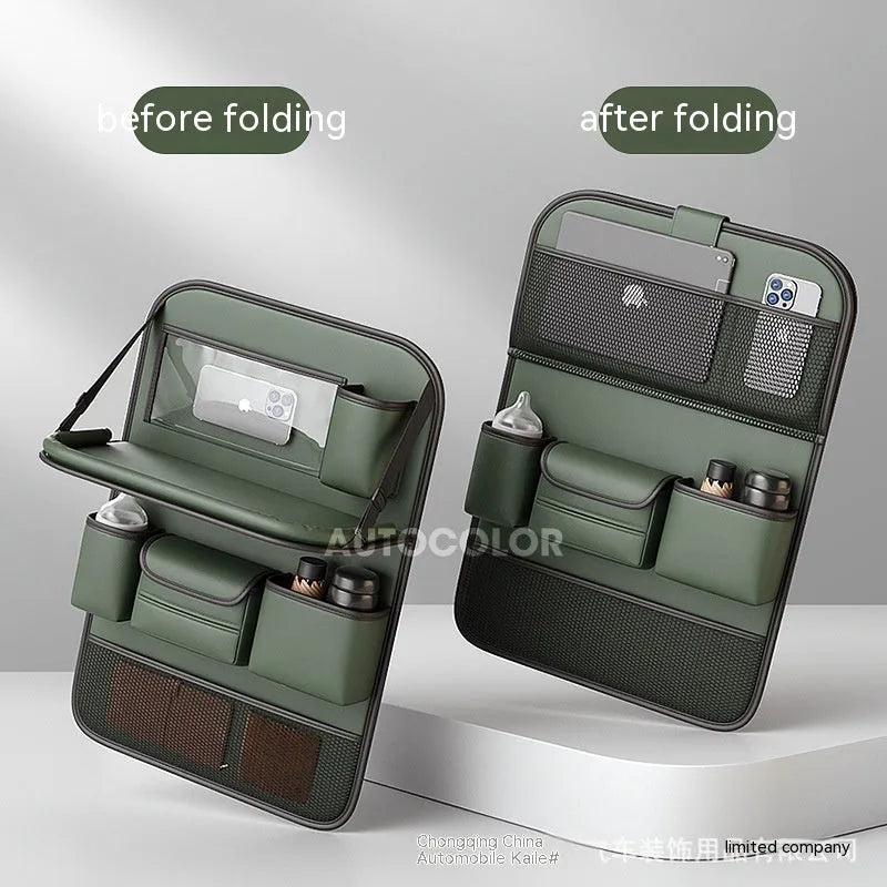 Genuine leather car seat organiser bag with a fold-out table in black, brown, grey, or green.