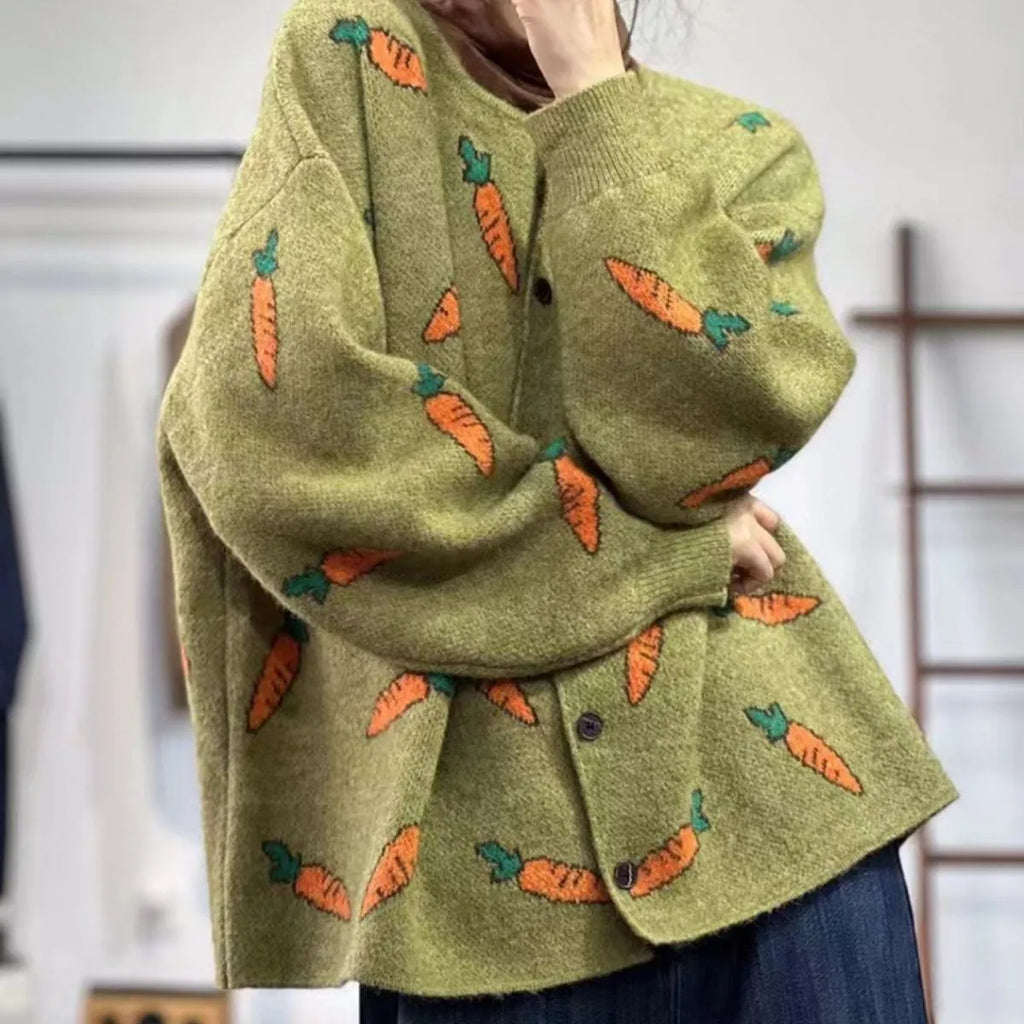 Mori artistic print loose cardigan sweater in viscose, shown in picture colour.