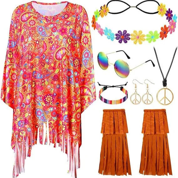 Tie dye patterned cloak costume with bell sleeves in a choice of vibrant colours.