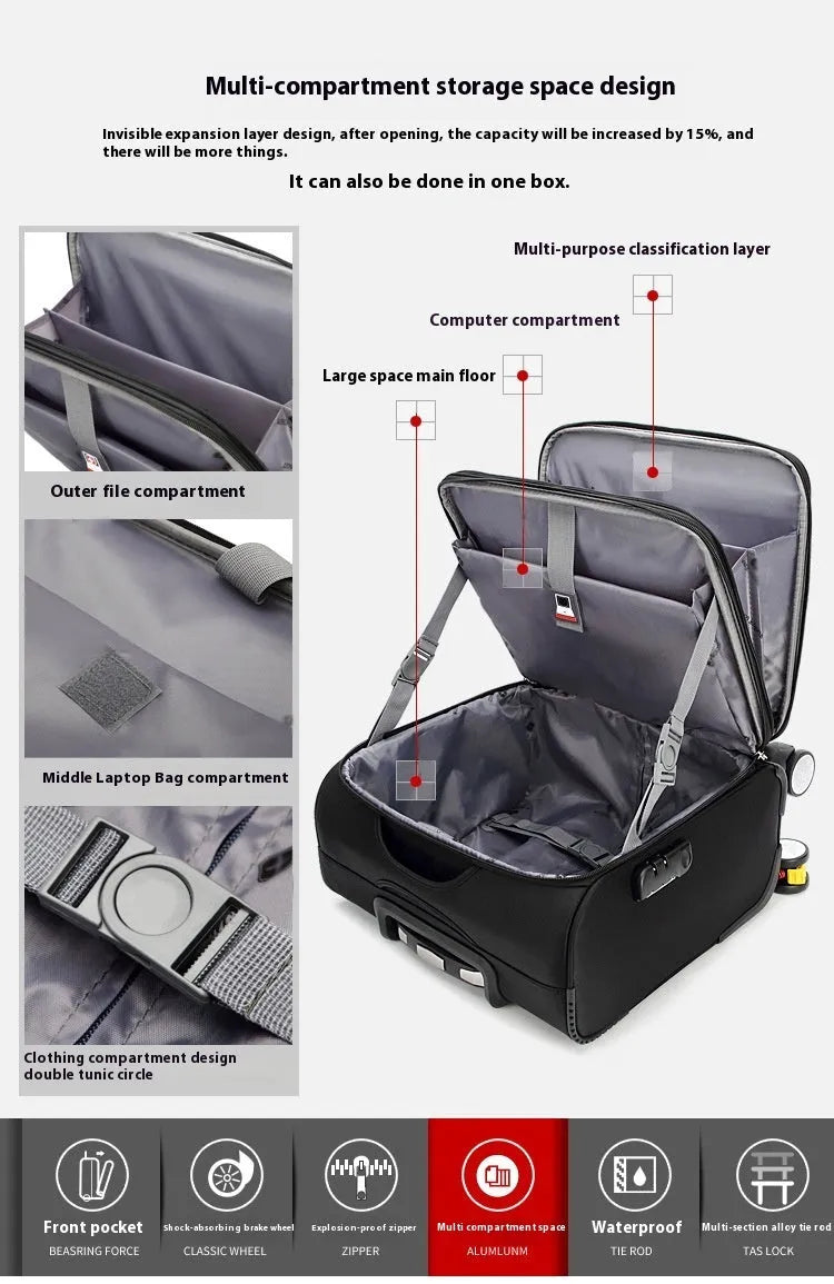 18-inch black Oxford cloth carry-on suitcase with telescopic handle and four spinner wheels.