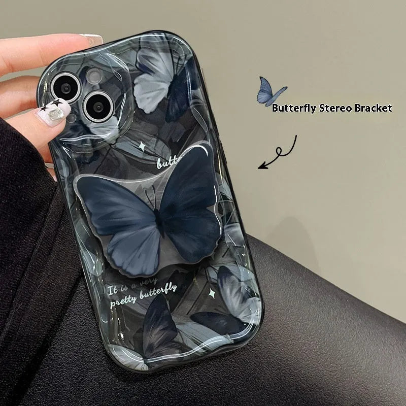 Silicone phone case with butterfly bracket in black for iPhone drop protection