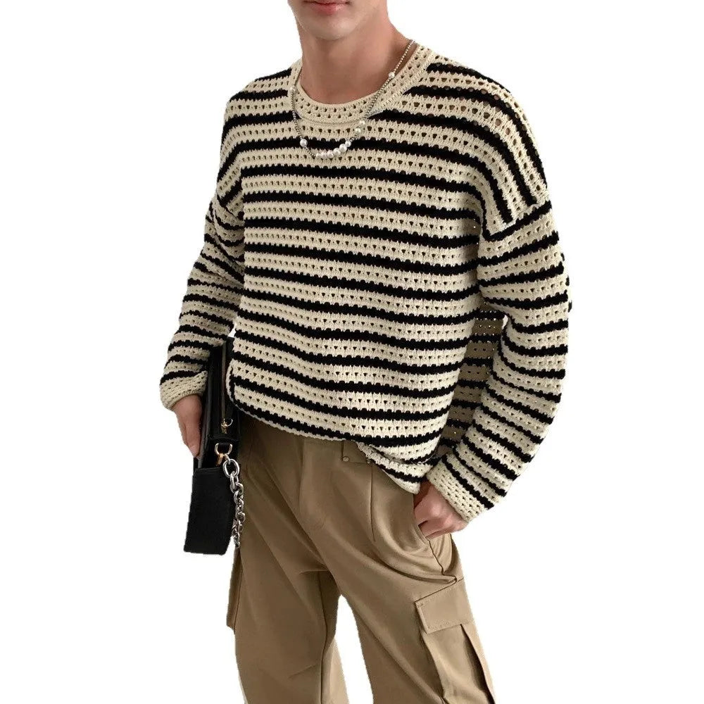 Men's black loose fit long sleeve sweater in cotton blend, sizes S to 3XL, for daily spring and autumn wear