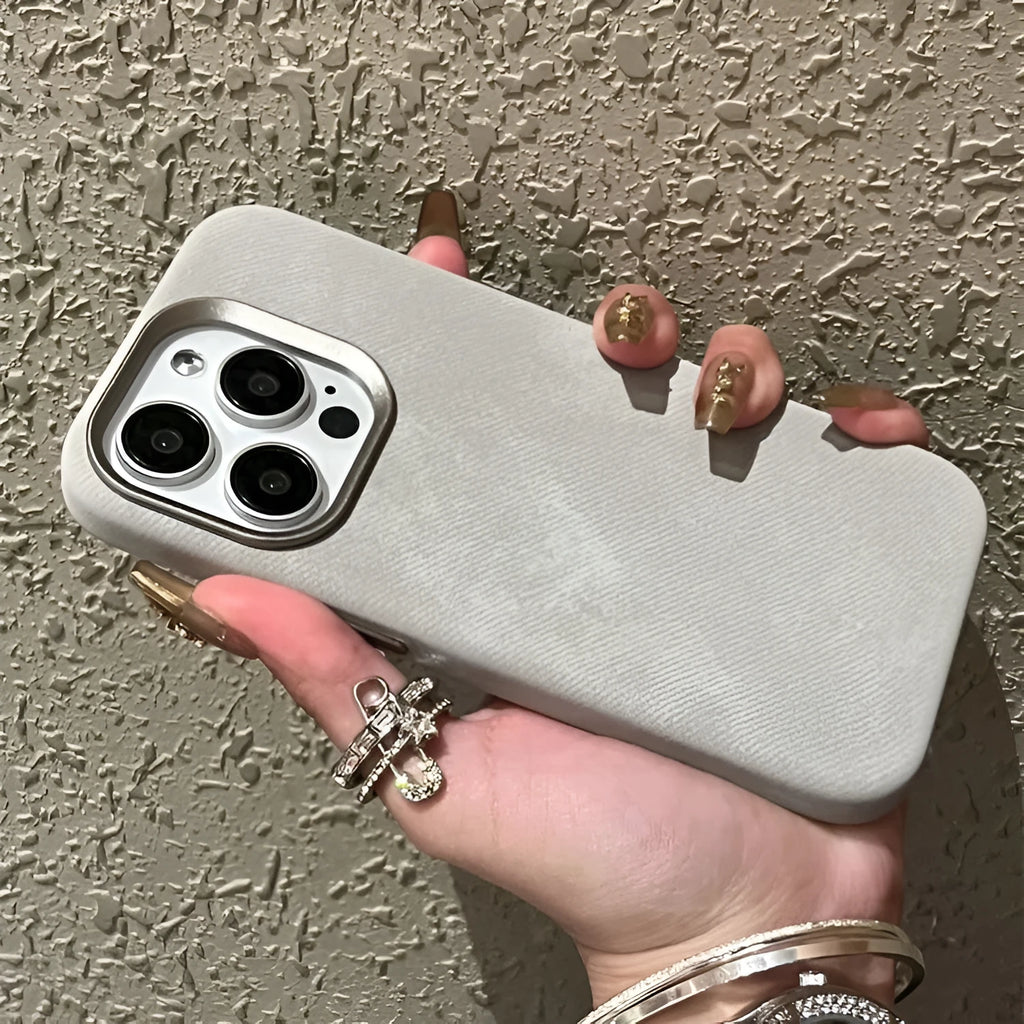 Magnetic leather hard case for iPhone with velvet interior in silver grey colour.