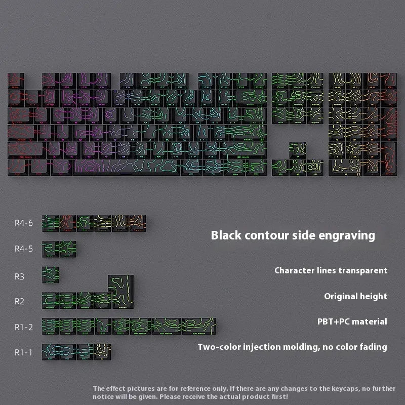 Black mechanical keyboard key cap set with contour line crack pattern and luminous characters, 85 x 150mm
