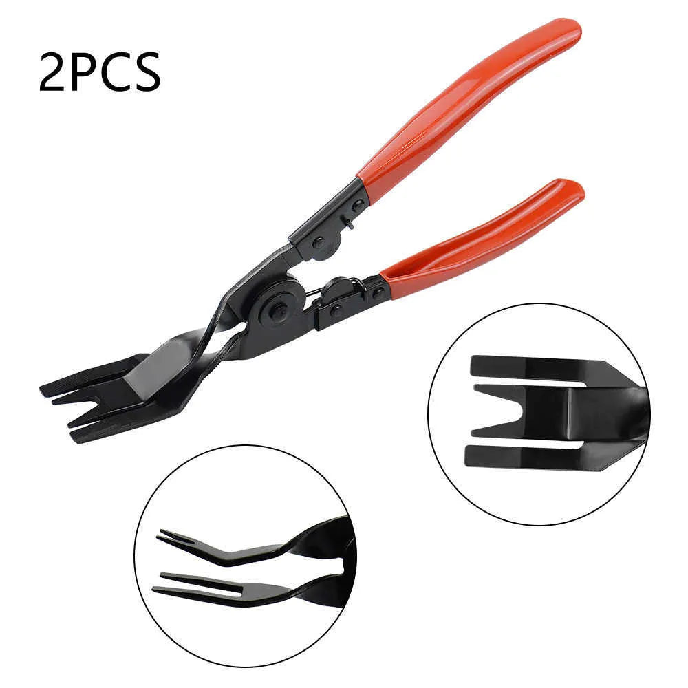 Red-handled automotive door panel clip removal tool for GM cars with light switch pliers.