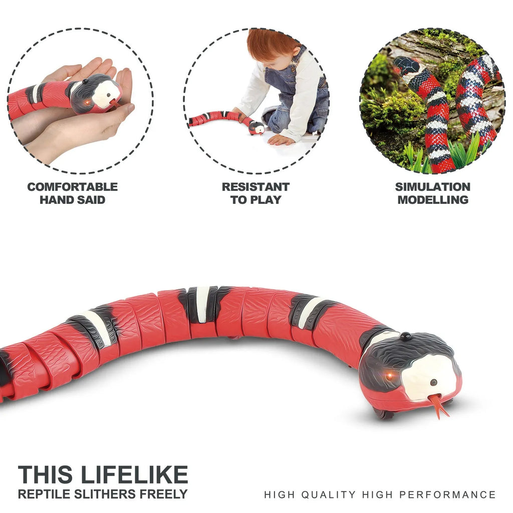 Smart sensing interactive electronic snake cat toy with textured plastic body on a floor