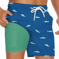 Men's black shark graphic print beach shorts with drawstring waist