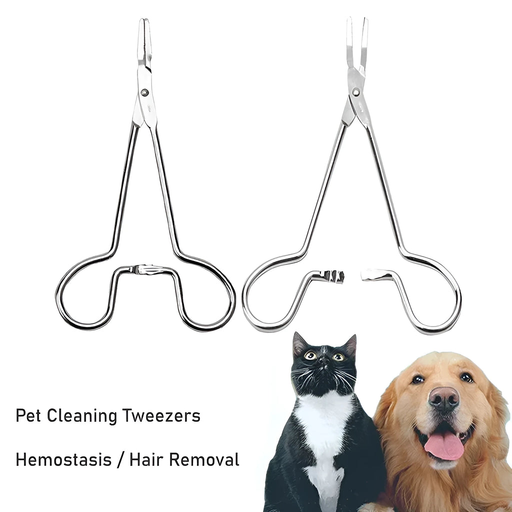 Silver stainless steel pet grooming tweezers for ear hair removal and cleaning, showing curved and straight tip designs.