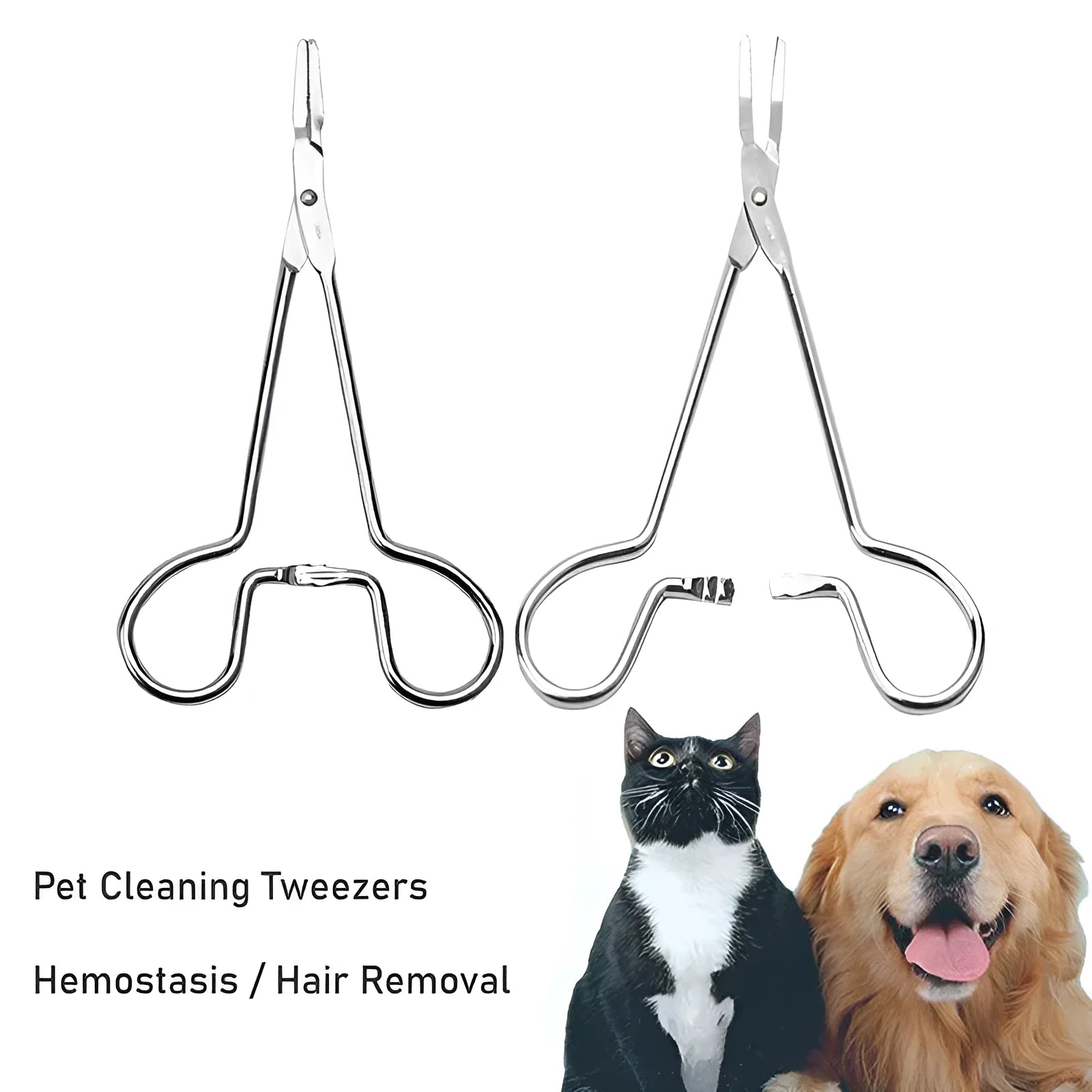 Silver stainless steel pet grooming tweezers for ear hair removal and cleaning, showing curved and straight tip designs.