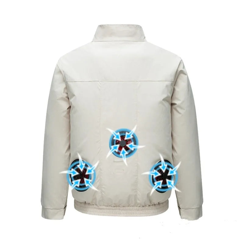 Smart air conditioning cooling jacket with integrated fan for outdoor summer work in black or white.