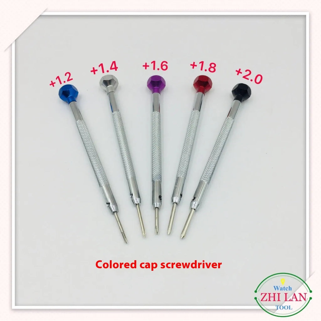Set of six colour-coded watch repair screwdrivers with aluminium handles and a separate metre tool.