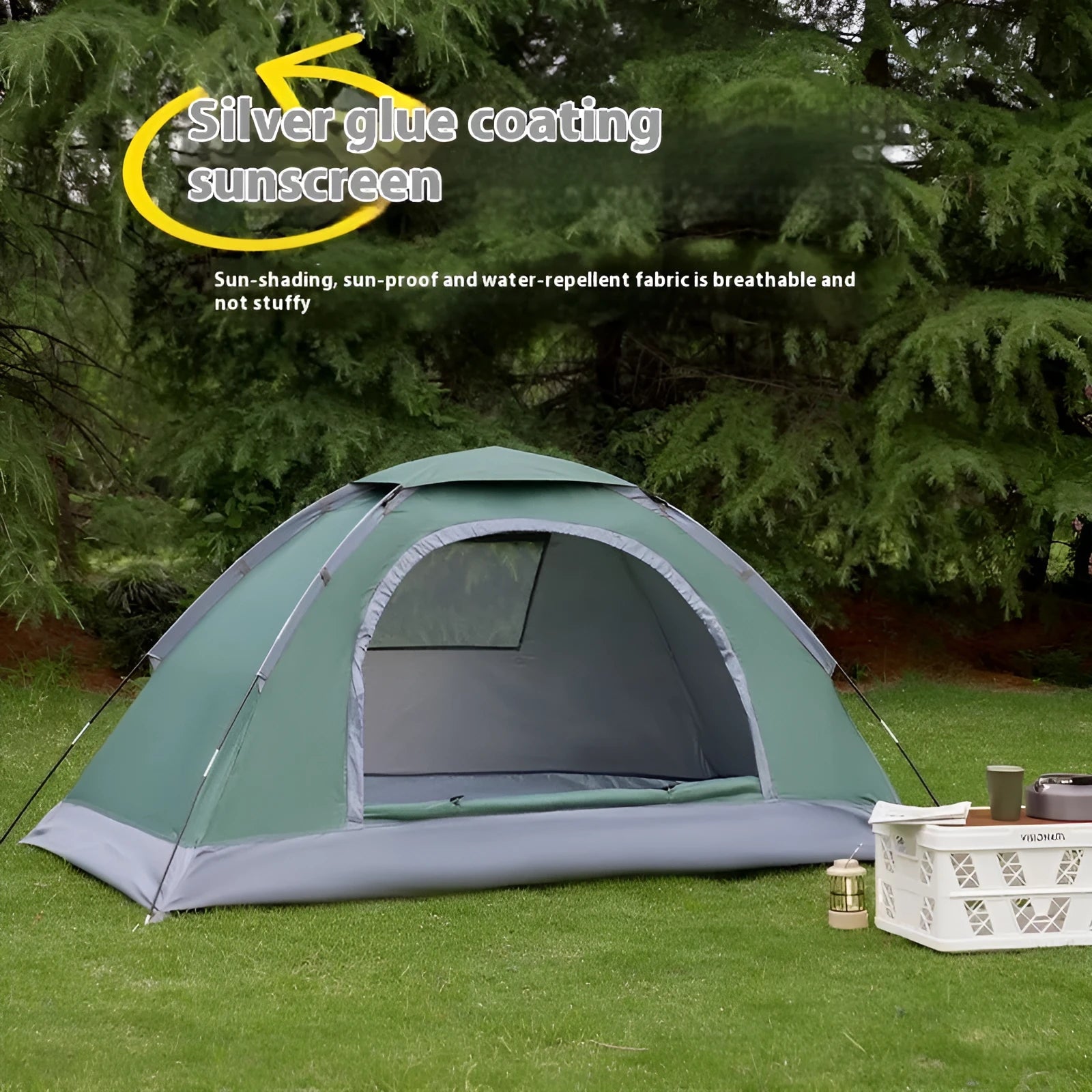 Single person portable camping tent in green, shown unfolded with fibreglass pole.