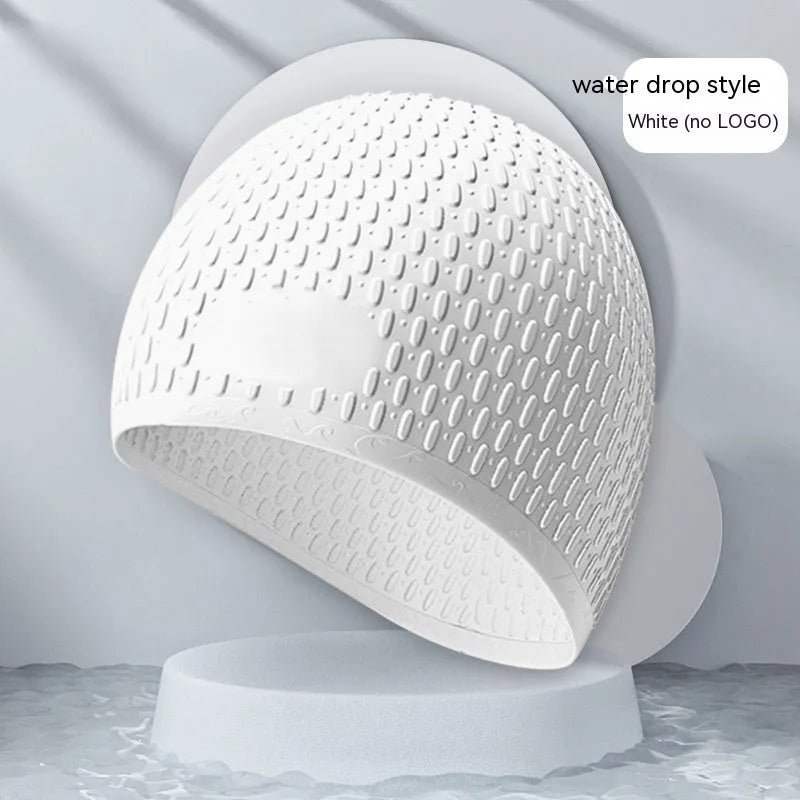 Silicone water drop swimming cap for adults in various solid colours on white background