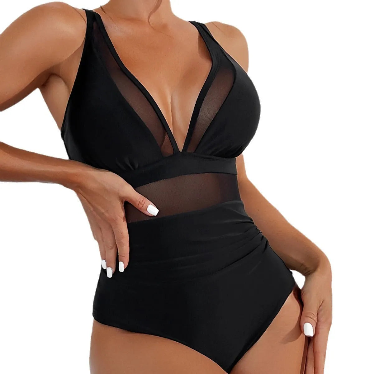 Black women's halter-neck one-piece swimsuit with mesh colour-block panels on mannequin.