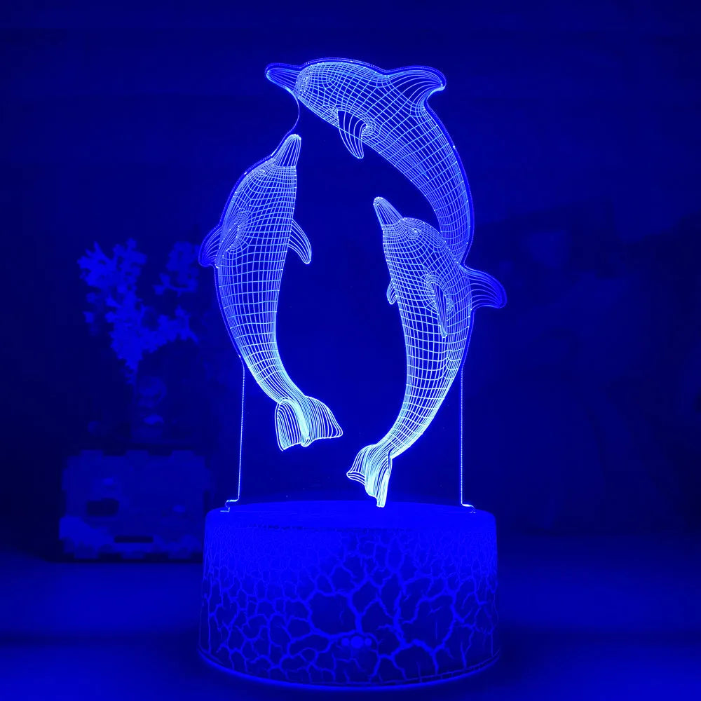 3D dolphin LED night light with acrylic board and ABS base, black or crackle, touch and remote control, USB powered.