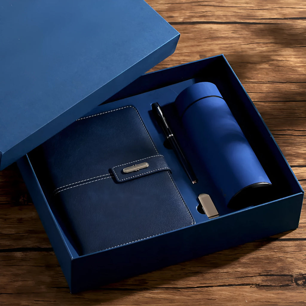 Custom A5 notebook with PU leather cover in various colours including black, red, green, and blue.