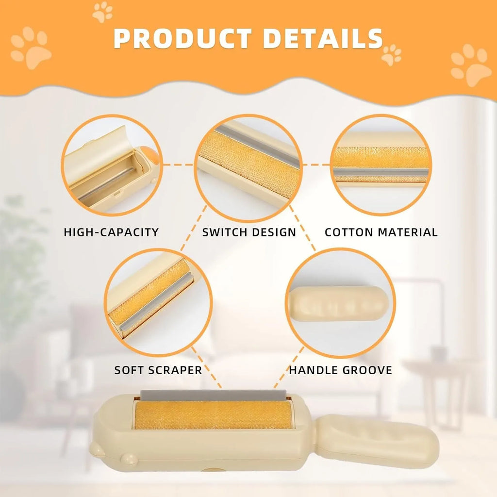 Blue reusable pet hair roller with self-cleaning base for furniture and car seats.