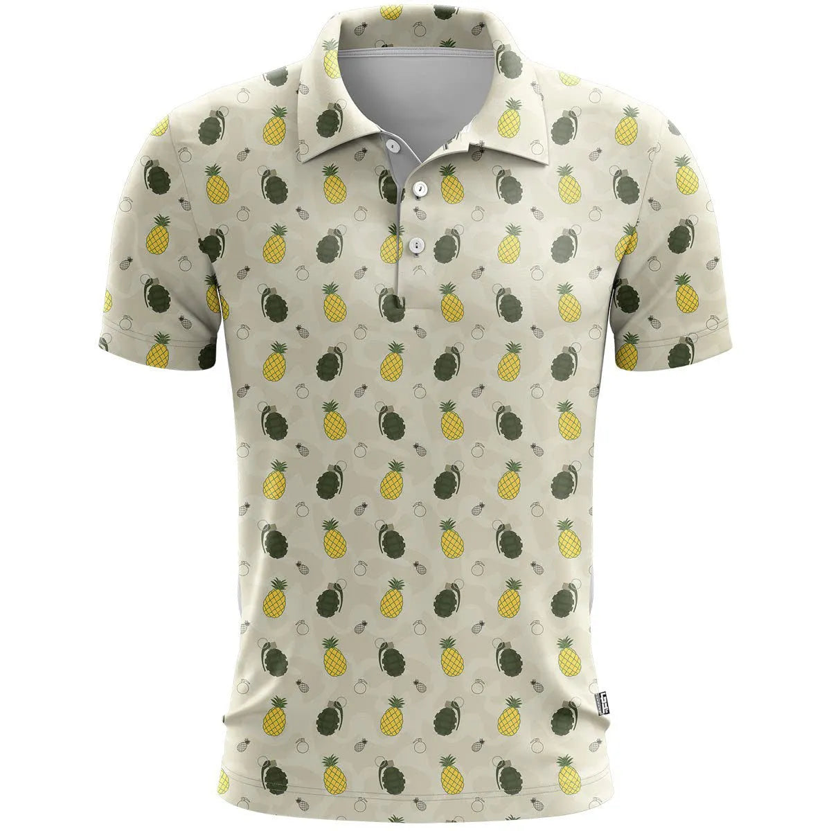 Loose-fit 3D printed short sleeve sports top in bird eye cloth polyester on a hanger.