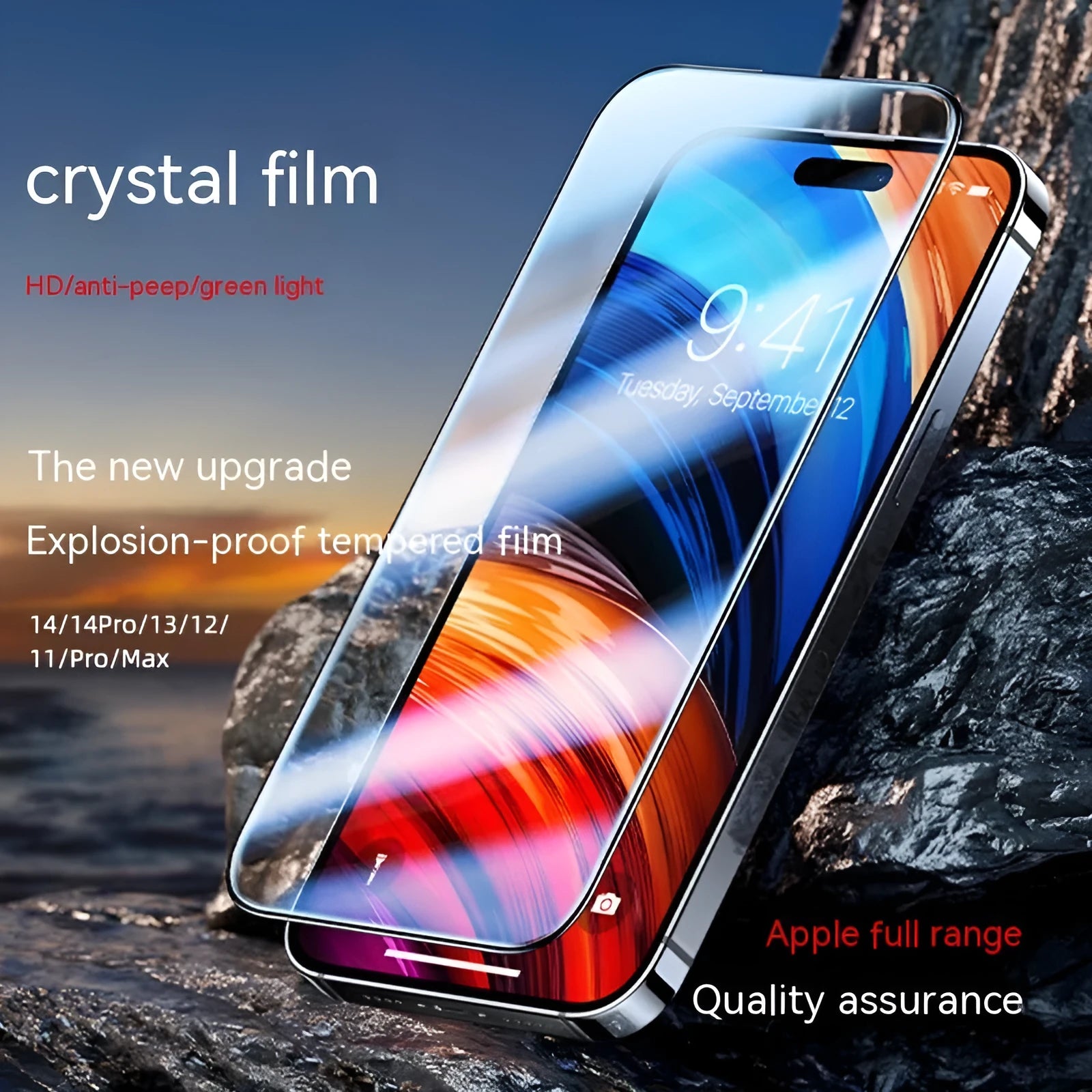 Tempered glass privacy screen protector for iPhone with application box, showing transparent HD, frosted, and peep-proof silk screen variants.