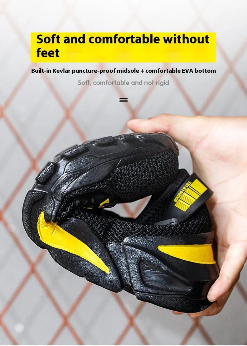 Men's safety work shoes with Flyknit upper and steel toe cap in black, grey and yellow colour options