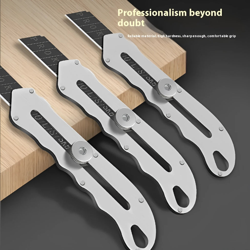 Stainless steel folding utility art knife with black blade and a pack of spare blades.