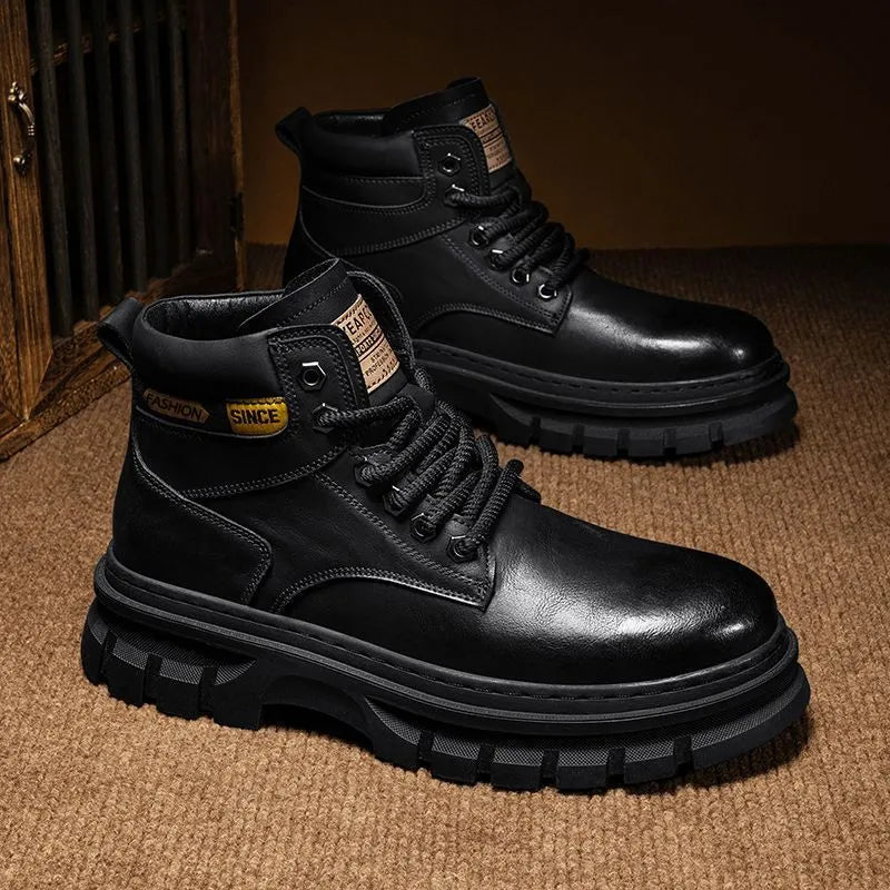 Men's high top Martin boots in YE50 Brown artificial PU leather with lace-up front and round toe on a wooden floor