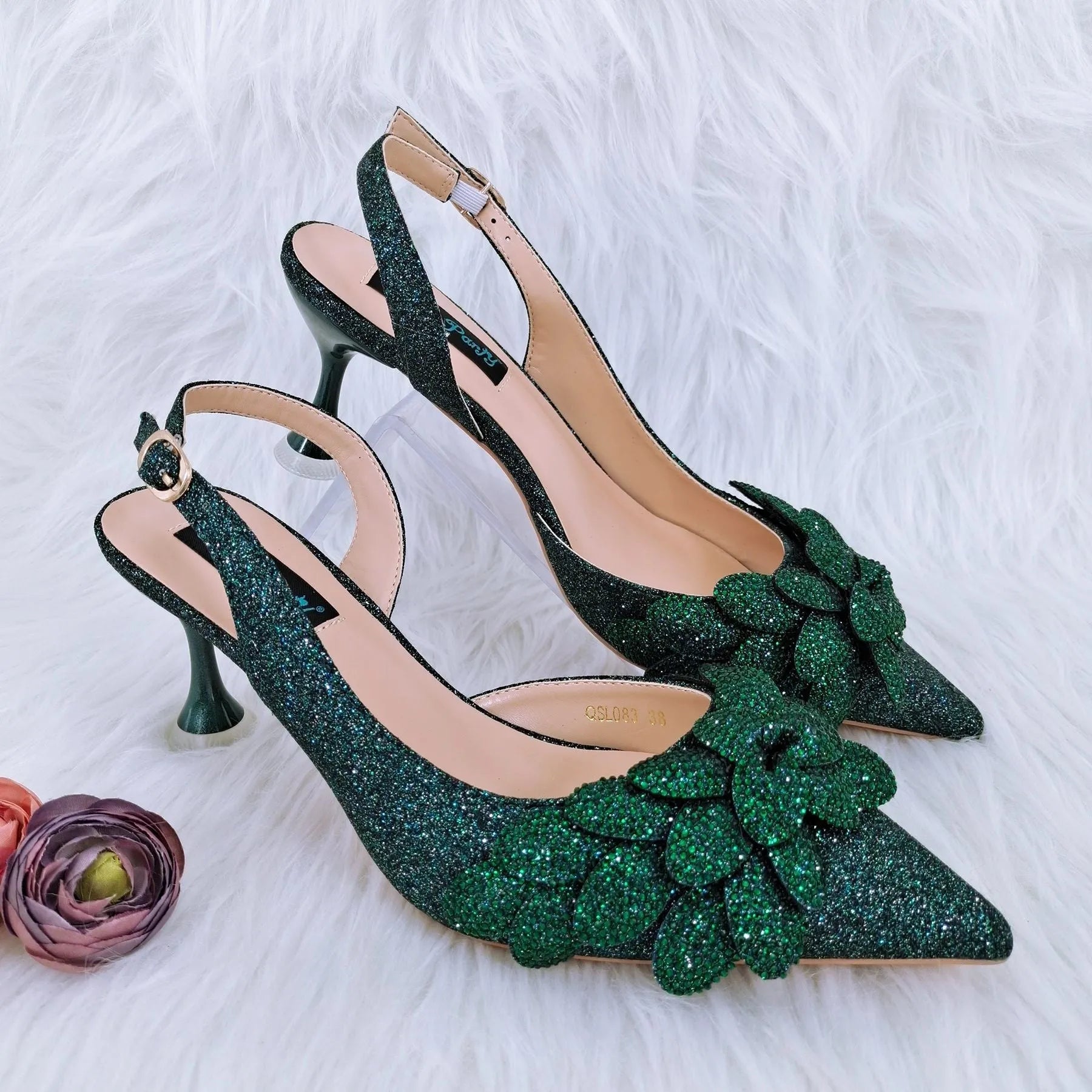 Party shoes and bag set with wine glass heel, rhinestone decoration, and buckle fastening in silver colour