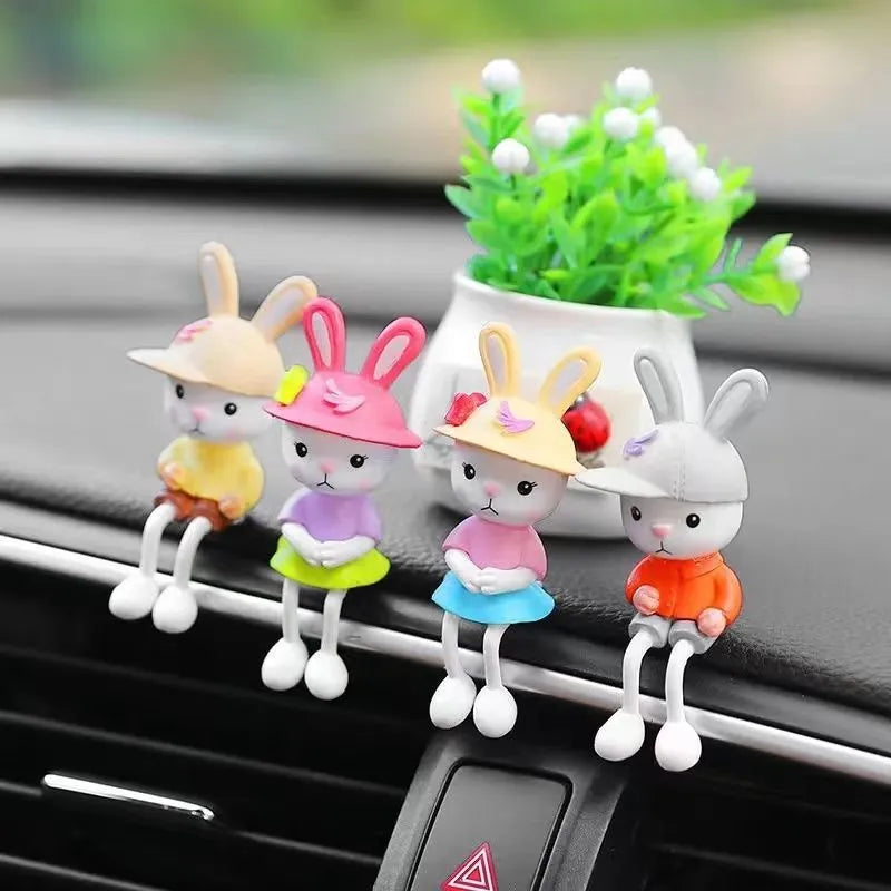 Cartoon rabbit car decoration set with four sitting rabbit figures in plain, pink flower, colourful balloon or travel balloon style
