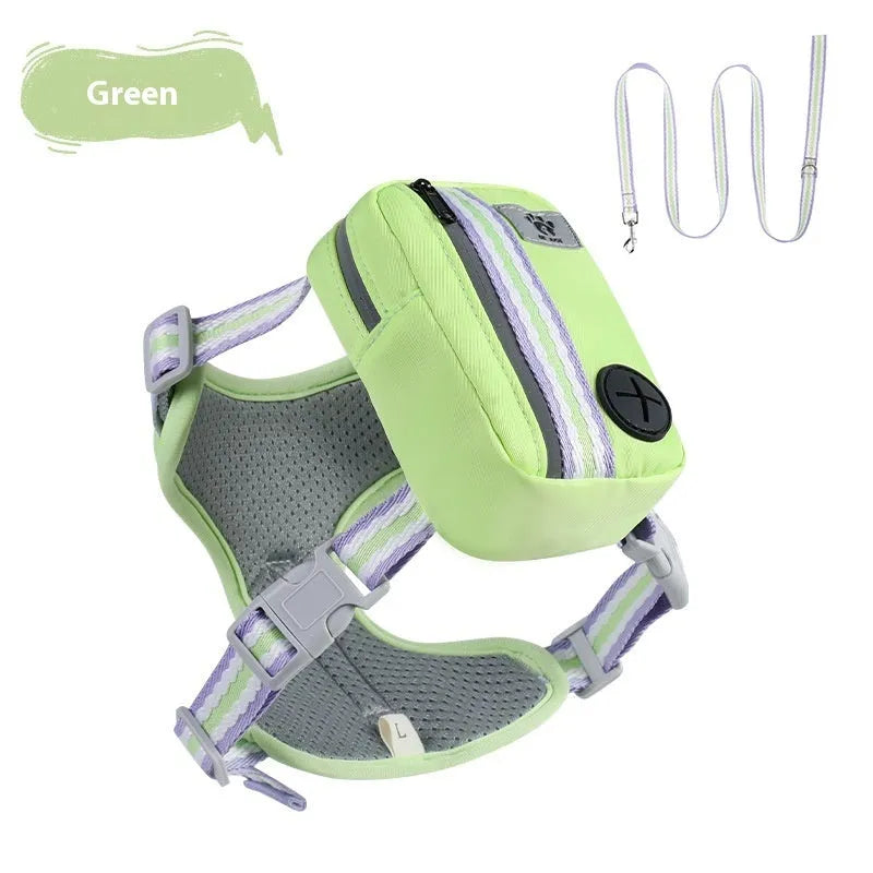 Explosion-proof anti-strangulation pet chest harness and rope in green, blue, pink, or yellow.