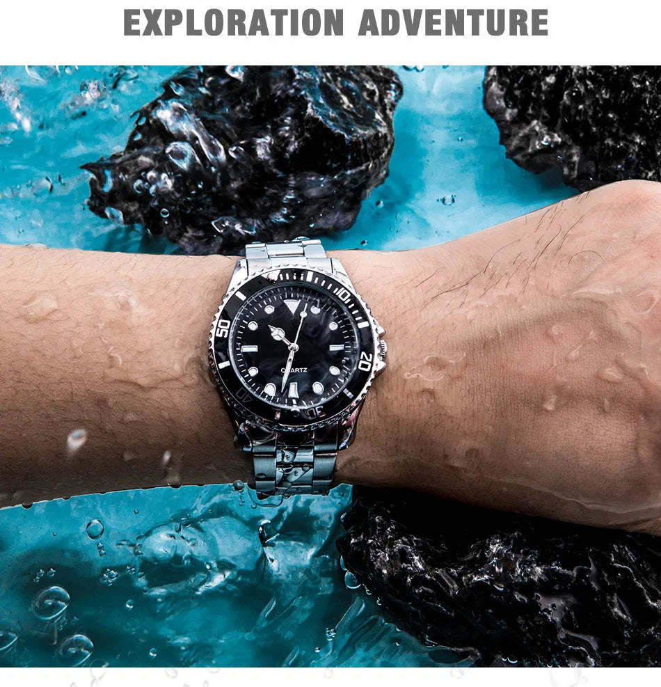 Steel belt black plate universal quartz watch with 40mm dial, 8mm alloy case, night glow hands, and stainless steel horseshoe buckle.