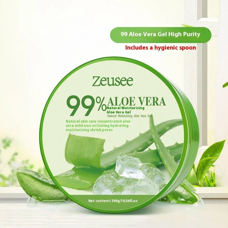 300g tub of aloe vera gel facial cream with a spoon for application on a blue background.