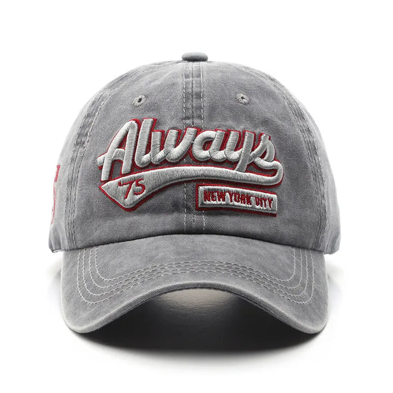Letter embroidery baseball cap in cotton twill with curved brim and adjustable size, shown in yellow.