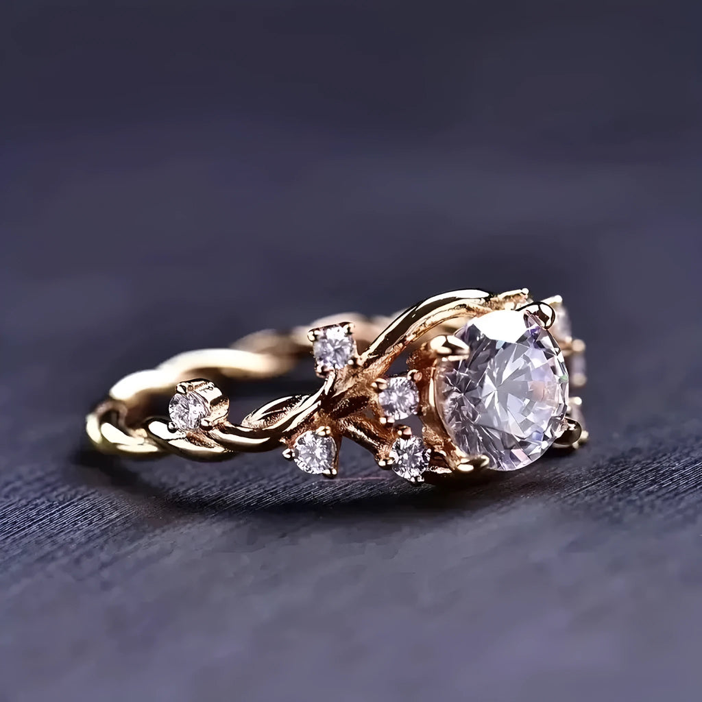 Gold geometric vine winding moissanite ring on finger showing cubic sugar diamond detail and irregular shape
